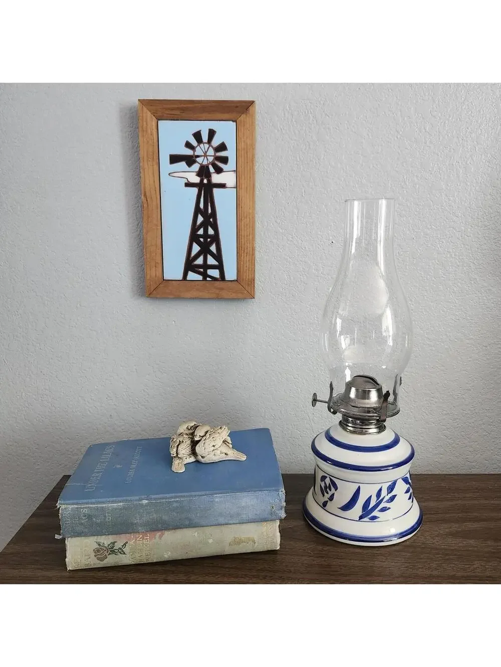 Vintage Lamplight Farms Blue & Gray Stoneware Kerosene Oil Lamp